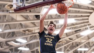 SPRINGFIELD, MA – JANUARY 16: Cooper Flagg of Montverde (32) dunks the ball during the Hoophall Classic high school basketball game between Montverde Academy and Sunrise Christian on January 16, 2023 at Blake Arena in Springfield, MA (Photo by John Jones/Icon Sportswire via Getty Images)