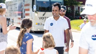 MILFORD, NEW HAMPSHIRE – SEPTEMBER 4: 2024 Republican presidential candidate Vivek Ramaswamy greets people while walking in a Labor Day Parade on September 4, 2023 in Milford, New Hampshire. (Photo by Scott Eisen/Getty Images)