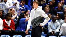 DURHAM, NORTH CAROLINA - OCTOBER 20: High school basketball player Cooper Flagg (Montverde Academy) attends the Duke Blue Devils' Countdown to Craziness at Cameron Indoor Stadium on October 20, 2023 in Durham, North Carolina. (Photo by Lance King/Getty Images)