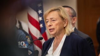 Maine Gov. Janet Mills speaks during a Thursday, Oct. 26, 2023, news conference about the mass shootings in Lewiston the day before. Police were still searching for the suspect in the shooting, Robert Card, who allegedly killed 18 people in two separate locations on Wednesday night.