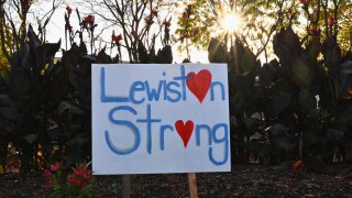 A sign reading "Lewiston Strong" is displayed in Lewiston, Maine, on October 27, 2023, in the aftermath of a mass shooting.
