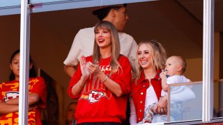Taylor Swift and Brittany Mahomes look on during a game between the Los Angeles Chargers and Kansas City Chiefs