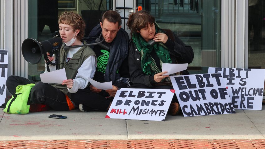 Protestors outside of Elbit Systems in Cambridge, Massachusetts, on Thursday, Oct. 12, 2023.