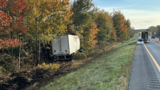 A truck seen after driving off the road on I-95 in Carmel, Maine, on Oct. 9, 2023.