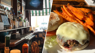 The bar and a hamburger at The Grog in Newburyport, Massachusetts.