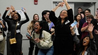 Issue 1 supporters celebrate as Rhiannon Carnes, executive director, Ohio Women’s Alliance, speaks at a watch party, Tuesday, Nov. 7, 2023, in Columbus Ohio.