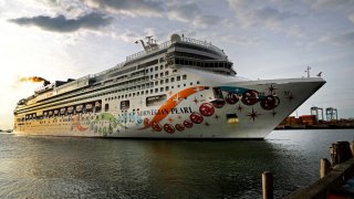 Boston, MA – April 22: The cruise ship Norwegian Pearl at Boston Harbor in Boston on April 22, 2022. The ship was to be docked at the Black Falcon Terminal, Boston. (Photo by David L. Ryan/The Boston Globe via Getty Images)