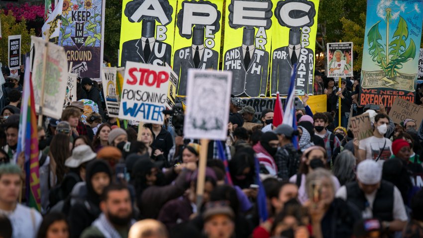 Protesters gather gather for the ongoing Asia-Pacific Economic Cooperation (APEC) global trade summit at the Embarcadero Plaza on November, 12, 2023 in San Francisco, California. APEC, which pulls together dozens of world leaders and hundreds of CEOs from 21 member economies in the Pacific Rim, runs through November 17.  U.S. President Joe Biden and Chinese President Xi Jinping are scheduled to meet.  (Photo by Kent Nishimura/Getty Images)