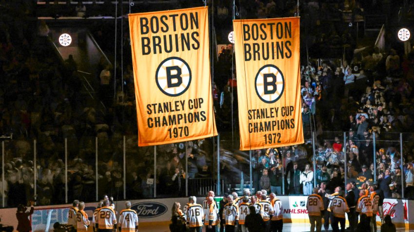 BOSTON, MA – NOVEMBER 18: Members of the Bruins Stanley Cup winners of 1970 and 1972 raise the banners to the Garden rafters on Big Bag Bruins night before a game between the Boston Bruins and the Montreal Canadiens on November 18, 2023, at TD Garden in Boston, Massachusetts. (Photo by Fred Kfoury III/Icon Sportswire via Getty Images)