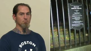 Lawrence Hopkins, at left, is accused of vandalism and property damage at several sites in Boston on Saturday, Nov. 25, 2023, including the Granary Burying Ground, seen at right.