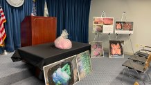 Drugs seized in a historic bust from a home in Lynn, Massachusetts, on Nov. 1, 2023, on display at a news conference announcing the bust in Boston on Monday, Nov. 6, 2023.