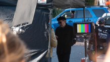 Director Tim Burton on set in Melrose, Massachusetts, for the filming of "Beetlejuice 2" on Thursday, Nov. 16, 2023.