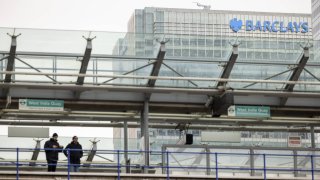 The headquarters of Barclays Plc beyond the West India Quay Docklands Light Railway station in the Canary Wharf financial district in London, UK, on Monday, March 20, 2023.