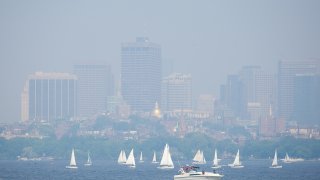 CAMBRIDGE – MAY 31: This is the Boston skyline, which is obscured by smoke from wildfires in Canada.