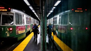 Boston, MA – November 9: A passenger heads for the exit inside the Kenmore Station. The MBTA is planning system-wide shutdowns for repairs to eliminate slow zones. Among the first to receive maintenance will be the Green Line between Kenmore and North Stations.