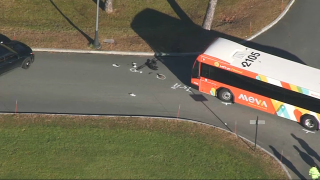 A MeVa bus at the scene of a fatal pedestrian crash at the campus of Northern Essex Community College in Haverhill, Massachusetts, on Wednesday, Dec. 20, 2023.