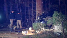 A pickup truck that crashed in Middleton, Massachusetts, on Wednesday, Dec. 6, 2023, leaving an 18-year-old man dead.