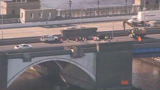 Construction work being done on the Washington Bridge in Providence, Rhode Island, on the first day of its partial closure for emergency road work Tuesday, Dec. 12, 2023.