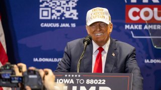 Former U.S. president and Republican presidential hopeful Donald Trump speaks during a “commit to caucus rally” in Indianola, Iowa, on Jan. 14, 2024.