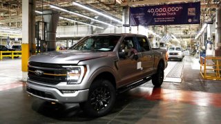 A Ford F150 truck rolls off the assembly line.