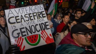 FILE - Pro-Palestinian protesters rally outside Parliament in London, United Kingdom, on Nov. 15, 2023.