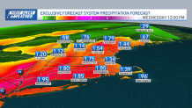 Expected precipitation totals from a storm hitting Massachusetts and New England Tuesday and Wednesday.