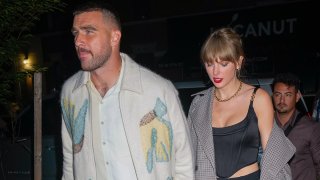 FILE - Travis Kelce and Taylor Swift are seen leaving the SNL after-party on Oct. 15, 2023, in New York.