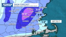 Snowfall totals are projected to reach 1 foot Sunday in parts of Massachusetts and New Hampshire, according to NBC10 Boston's projections as of Thursday, Jan. 4, 2024.