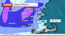 Updated snow totals — ranging from under 1 inch to 12 inches — across the Greater Boston area from a storm arriving Saturday Jan. 6, 2024, and leaving Sunday.