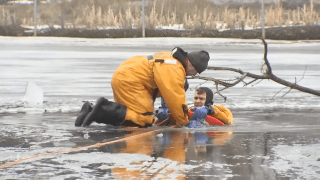 Boston firefighters training for icy water rescues in Fenway on Tuesday, Jan. 23, 2024.