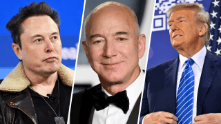 Elon Musk, left, Jeff Bezos, center, and Donald Trump, right.