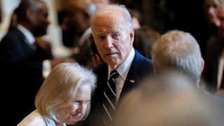 Sen. Kirsten Gillibrand, D-N.Y., left, speaks to President Joe Biden following the National Prayer Breakfast on Capitol Hill in Washington, Thursday, Feb. 1, 2024.