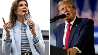 This combo photo shows Republican presidential candidate former UN Ambassador Nikki Haley, left, in Greenwood, S.C., and Republican presidential candidate former President Donald Trump in Conway, S.C.