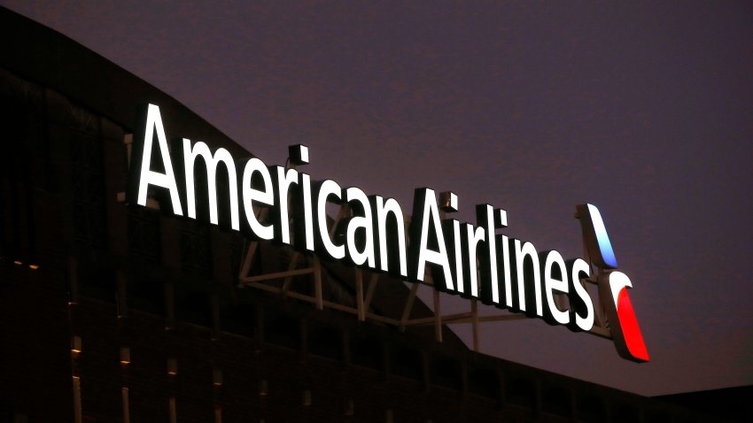 The American Airlines logo is seen atop the American Airlines Center.