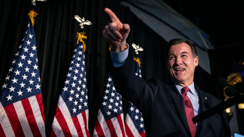 Former U.S. Rep. Tom Suozzi, Democratic candidate for New York’s 3rd congressional district, speaks at his election night party Tuesday, Feb. 13, 2024, in Woodbury, N.Y.  Suozzi won a special election for the House seat formerly held by George Santos. (AP Photo/Stefan Jeremiah)