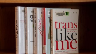 Still life of Transgender library books on a shelf.