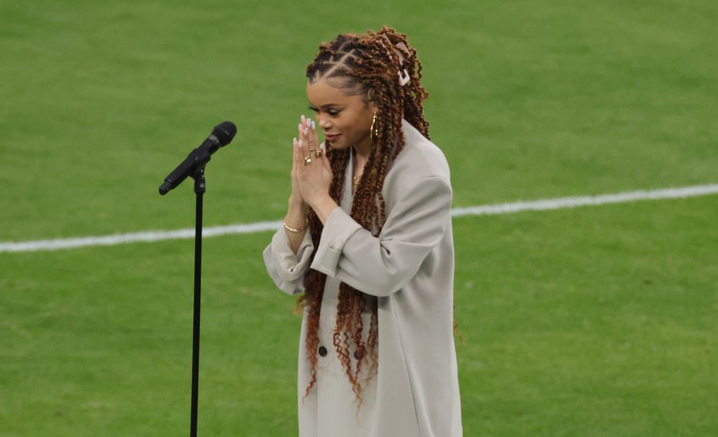 Andra Day performs prior to Super Bowl LVIII at Allegiant Stadium on February 11, 2024 in Las Vegas, Nevada.<br><em>(Getty Images)</em>