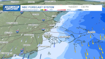 A map showing the forecast of snow tailing off as a storm leaves Greater Boston the afternoon of Tuesday, Feb. 13, 2024.