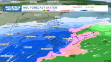 A map showing the forecast of snow, sleet and rain moving into the Massachusetts area on Tuesday, Feb. 13, 2024.