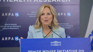 First lady Jill Biden announcing $100 million in federal funding for women's health research and development during an event at ARPA-H in Cambridge, Massachusetts, on Wednesday, Feb. 21, 2024.