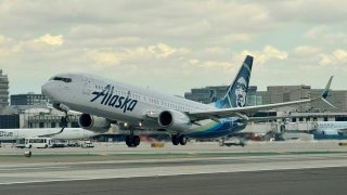 An Alaska airlines Boeing 737 is taking off from Los Angeles International AirPort (LAX) in Los Angeles, California, on March 6, 2024.