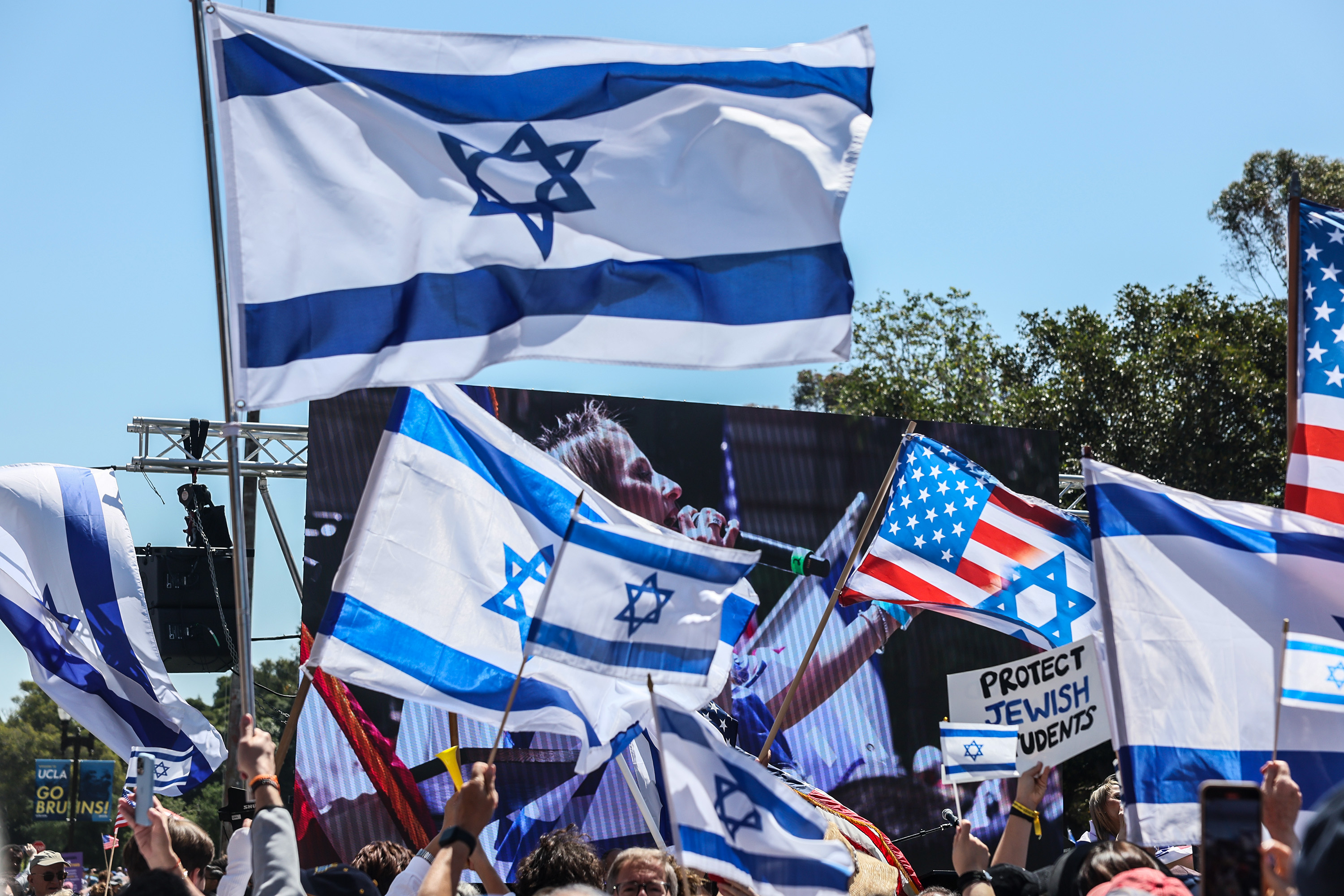 Westwood, CA, Sunday, April 28, 2024 – Thousands rally for Israel as pro Palestine counter demonstrators surround them at UCLA. (Robert Gauthier/Los Angeles Times via Getty Images)