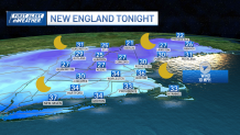 A map of New England showing low temperatures across the region on the night of Thursday, April 25, 2024.