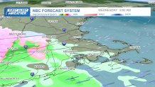 A nor'easter storm moving into Greater Boston on the morning of Wednesday, April 3, 2024, according to the NBC forecast system.