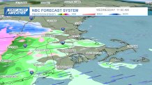 Rain reaching Boston and snow arriving in New Hampshire late morning on Wednesday, April 3, 2024, according to the NBC forecast system.