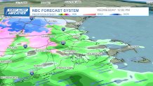 Rain is expected to be widespread across Boston, with a wintry mix in Worcester and into southern New Hampshire, in the early afternoon of Wednesday, April 3, 2024, according to the NBC forecast system.