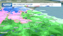 Rain is expected to be widespread across Boston, with a wintry mix in Worcester and into southern New Hampshire, in the early afternoon of Wednesday, April 3, 2024, according to the NBC forecast system.