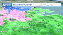 Wintry mix reaching toward Boston amid a storm on the afternoon of Wednesday, April 3, 2024, according to the NBC forecast system.