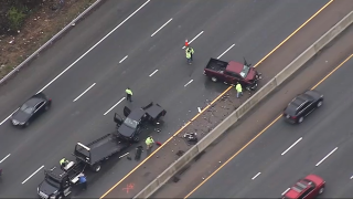 Two crashed pickup trucks on Interstate 95/Route 128 in Needham, Massachusetts, on Tuesday, April 30, 2024.