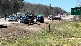 The scene of a deadly car crash on I-95 in Wells, Maine, on Friday, April 26, 2024.